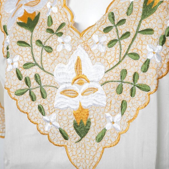 Vintage Ethnic Floral Embroidered Top Short Sleeve Shirt Mexico Yellow Cream - Picture 8 of 10